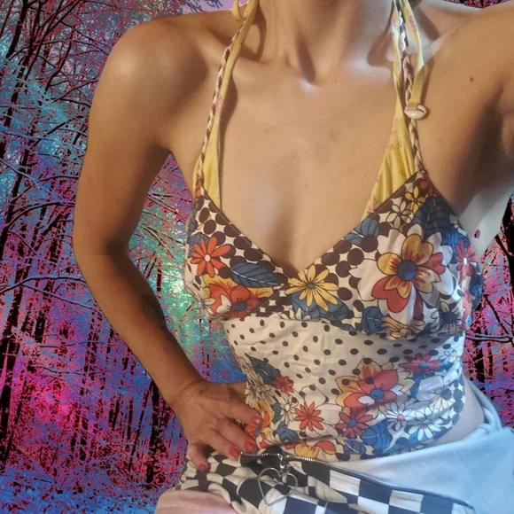 VINTAGE Handmade Hankerchief Open Back Crop Top S - Picture 2 of 5